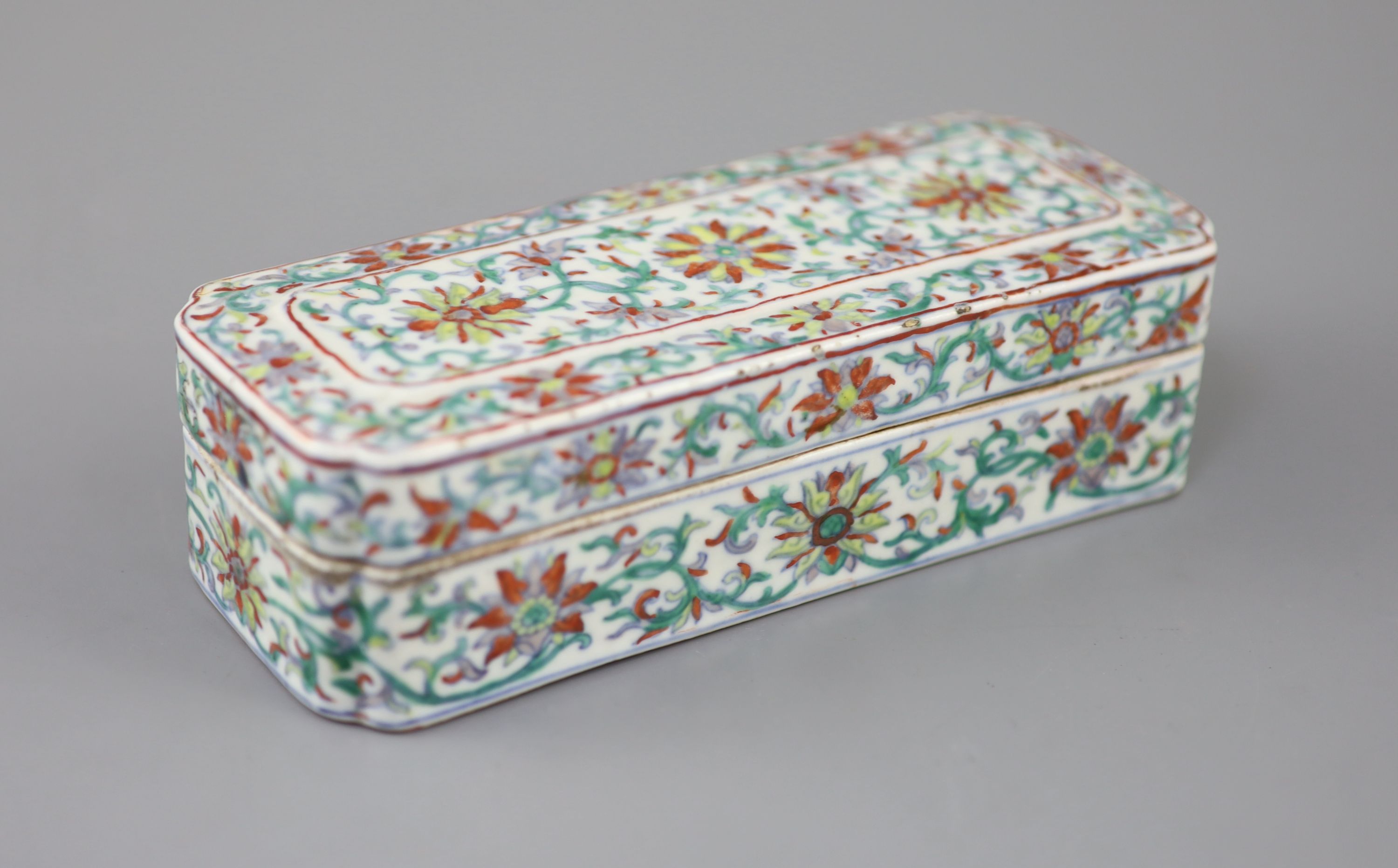 A unusual Chinese doucai scribes box, Qing dynasty, 18cm long